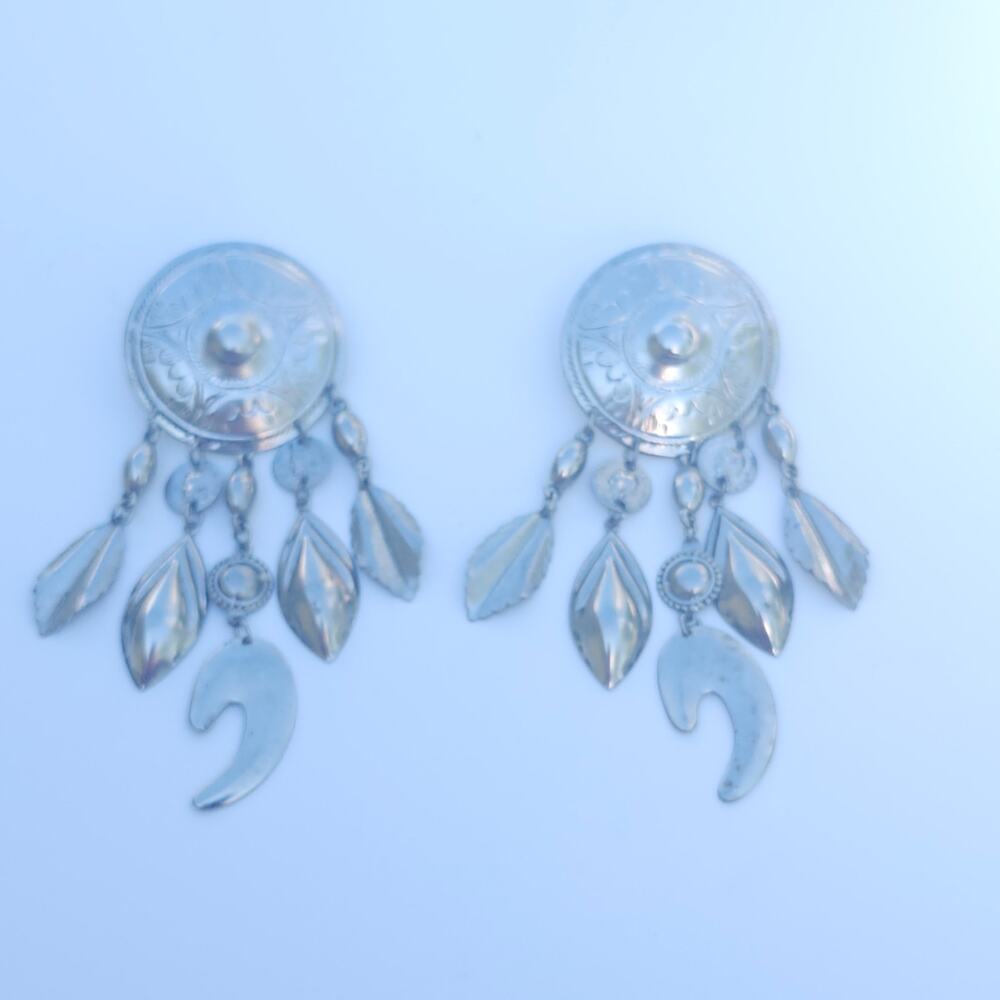 Silver Tone Boho Statement Chandelier Earrings Dangle Round Disc Leaf Festival